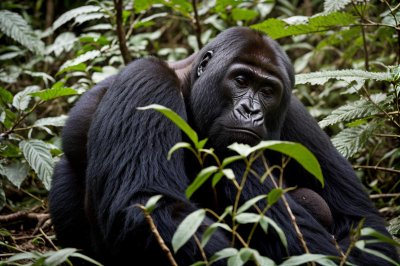mountain, gorilla, uganda, nature, rainforest, jungle, mammals, wild, animal, orientation, fauna, vegetation, branches, greenery, feeding, primate, nutritious, environment, wilderness