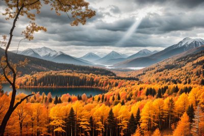 autumn landscape, autumn forest, lake, mountains, sunlight, autumn leaves, nature, trees, autumn colors, view, hills, idyll, sky, meadow, calm, hiking, autumn scenery, calm water, deciduous forest, peaceful scenery