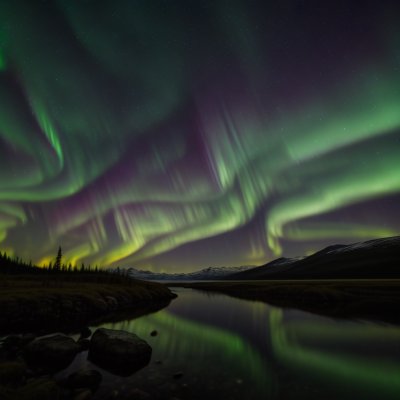 aurora borealis, nature, northern lights, night, green, finland, starry sky, black, reflection, autumn, horizon, calm, river, space, trees, universe, beauty, mysterious, phenomenon, tourism