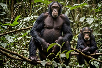 chimpanzee, animal, rainforest, uganda, jungle, primate, kibale, sitting, wilderness, wildlife, nature, park, forest, sitting monkey, green leaves, african wilderness, african primates, forest floor, natural habitat