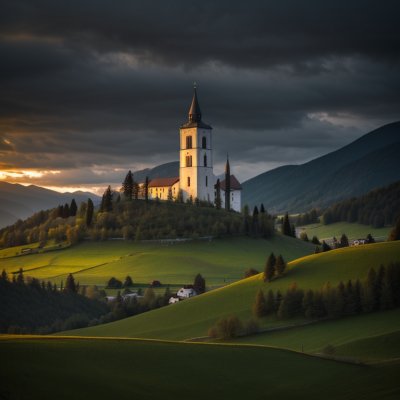 church, slovenia, landscape, sunset, evening, nature, hilly, path, trees, countryside, glowing, hill, scenery, solitary, blue sky, evening light, silhouette, hiking, peaceful, calm