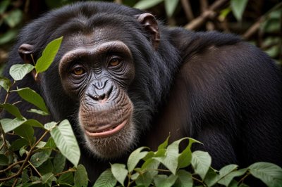 chimpanzee, animal, uganda, kibale, portrait, jungle, eyes, face, nature, wild, mammal, calm, light, classic, exotic, fur, camouflage, green, close, still life, details