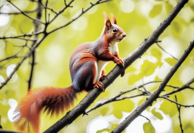 squirrel, red squirrel, sciurus vulgaris, rodent, wildlife, animal, cute, furry, tail, eating, hazelnut, feeding, perched, branch, tree, leaves, forest, green leaves, close-up, nature, background