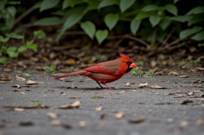 northern cardinal, male bird, wildlife, bird on ground, nature, beak, feathers, green background, garden, pavement, bird feeding, foraging, in spring, female bird, outdoors, bird, animal portrait, movement, backyard, amongst leaves