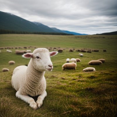 lamb, pink wool, resting, pasture, spring, outdoors, mountains, green grass, nature, wool, sheep, young, farm animal, landscape, cute, field, countryside shot, blue sky, rural, agriculture