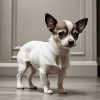 chihuahua, pet, puppy, white, black, cute, indoors, standing, portrait, domestic, companion, eye patch, looking, gaze, small dog, loyal, furry, tiny, affectionate, homely atmosphere