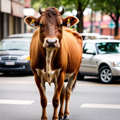 cow, street scene, animal, brown color, parking, vehicles, blurry background, domestic animal, local fauna, rural area, nature, natural habitat, vertical frame, countryside, environment, backbone, simple life, farm animals, cow horns, cattle, rural life