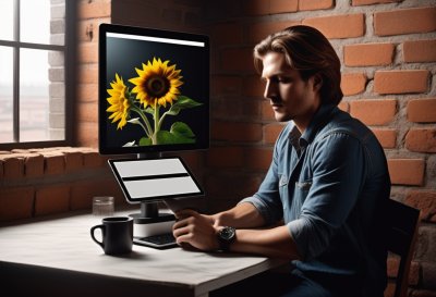 artist, digital drawing, tablet, monitor, sunflower, bricks, brick wall, coffee, mug, sun hat, painter, yellow color, decoration, work, coffee cup, design, rustic style, countryside, studio, technology, art studio