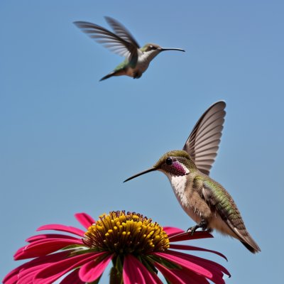 hummingbird, zinnia, flower, sky, insect, macrophotography, wings, nature, color, flying, clear sky, sunny, insect on flower, summer scene, wildflower, red flower, day, natural beauty, spring