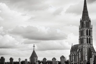 church, cemetery, cross, architecture, tower, clouds, roof, steeple, medieval, stone, historical, gothic, landscape, gray, countryside, slate, symbol, rural, ancient