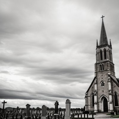 church, cemetery, cross, architecture, tower, clouds, roof, steeple, medieval, stone, historical, gothic, landscape, gray, countryside, slate, symbol, rural, ancient