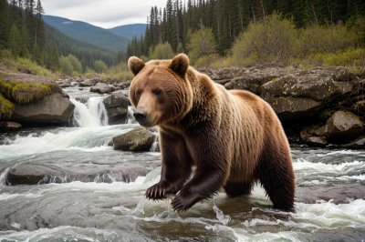 bear, grizzly, river, salmon, fishing, waterfall, current, water, wilderness, hunting, paw, jaw, alaska, power, claw, nature, splash, standing, bear fur