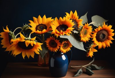 sunflower, bouquet, vase, still life, autumn, dark, background, ornament, emotion, composition, beauty, decoration, nature, leaf, yellow, art, blossom, floral, romance, atmosphere