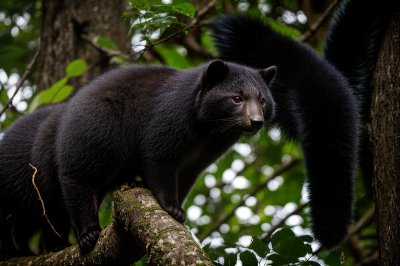 binturong, bearcat, tail, prehensile tail, tree, jungle, shaggy fur, whiskers, night, canopy, exotic, popcorn, rainforest, nocturnal animal, wildlife, forest, green, fascinating, nature, fauna