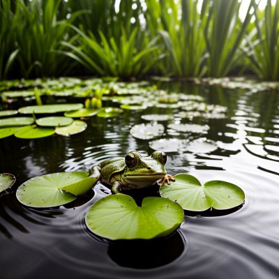 frog, vocal sac, pond, lily pad, summer, aquatic plant, edge of pond, green, nature, biotope, bullfrog, marsh, wet, wide view, reeds, water surface, in, amidst, frog croak, environment