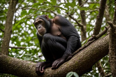 chimpanzee, tool, termites, forest, primate, intelligence, behavior, feeding, stick, log, green plants, leaves, nature, chimpanzee intelligence, ecosystem, native habitat, chimpanzee tool, tool use, forest environment