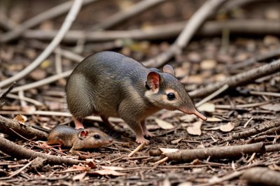 elephant shrew, dry forest, leaves on ground, sniffing, ants, snout, movement, nature, animal, mammal, fast, tiny, twitching, foraging, insectivore, environment, wild animal, fauna, narrow path