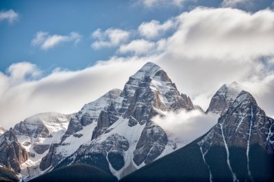 mountain, clouds, snow, trees, winter, nature, peak, vegetation, blue, mist, cold, precipitation, winter landscape, snow cover, frozen, windy, landscape, north, beauty