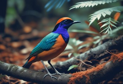 pitta bird, colorful plumage, forest floor, tropical forest, red undertail, wildlife, wildlife portrait, soft foreground, natural habitat, bokeh, orange patch, green feathers, brown head, bird on log, feather detail, nature photography, beautiful bird, foraging, detailed view, natural beauty