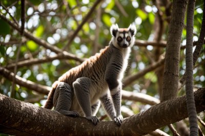lemur, ring-tailed lemur, striped tail, madagascar, island, tree, primate, sunbathing, arms wide, cute, eyes, jungle, forest, wilderness, animal, territorial defense, wildlife, nature, posing, exotic