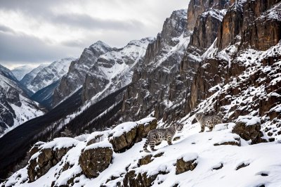 snow leopard, mountains, cliffs, rocks, snow, winter, camouflage, himalaya, predator, thick fur, wilderness, landscape, survival, nature, distance, carnivorous, sky, views, cold