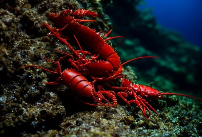 lobster, claws, ocean, cave, deep water, seabed, feelers, nature, shell, red, marine, reef, hide, crustacean, antennae, rocky, outcropping, night, ocean current, crevice