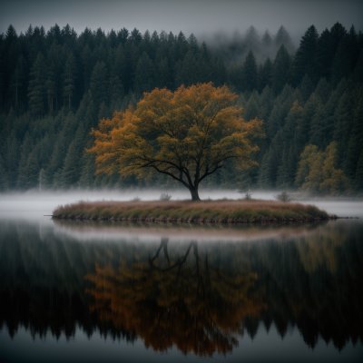 tree, mist, lake, nature, reflection, autumn, island, forest, tranquility, colors, calm, isolation, morning, calm water, center, mirror, peaceful, solitary, foggy, serene