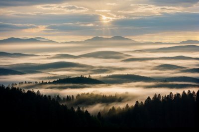 forest, mountains, morning, fog, sky, sunset, sun rays, dawn, view, landscape, nature, fresh air, panorama, daybreak, travel, cloud running, distance, atmosphere, romance, relaxation