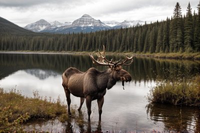moose, lake, antlers, river, forest, mountain, grass, nature, wilderness, feeding, alaska, canada, wading, swamp, calm, reflection, scenery, light, shed