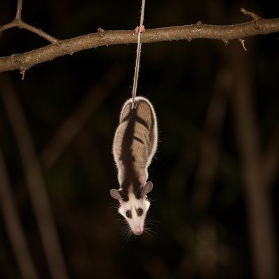 opossum, tail, hang, branch, night, nocturnal, marsupial, hiss, trees, forest, eyes, white fur, play dead, nature, wild, overhang, demo, bare branch, distinct eyes, natural habitat