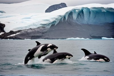 orca, glacier, black and white, dorsal fin, blowhole, swimming, cold water, arctic, antarctic, ice pack, pod, surface, majestic, icy water, nature spectacle, ice mountains, melting, bleaching, environment, nature