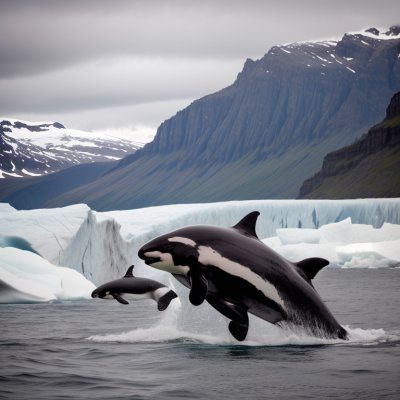 orca, glacier, black and white, dorsal fin, blowhole, swimming, cold water, arctic, antarctic, ice pack, pod, surface, majestic, icy water, nature spectacle, ice mountains, melting, bleaching, environment, nature
