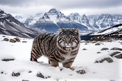 pallas cat, snow, mountain, wild cat, winter landscape, altai, paws, animal portrait, wild, blurred background, sky, rugged, beautiful undisturbed, fluffy, vast landscape, nature, gray color, fur animal