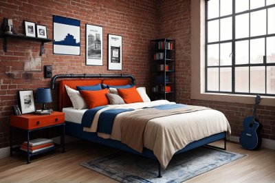 bedroom, industrial, brick wall, modern, furniture, decor, loft, minimalist, cozy, home, design, shelving, window, carpet, bedding, cushions, windowsill, light, green plants, painting