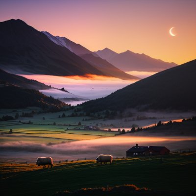 sunset, sheep, mountain, town, pasture, mist, mountains, morning, nature, pastoral, sky, village, flock, morning time, landscape, alps, western, foggy, silence