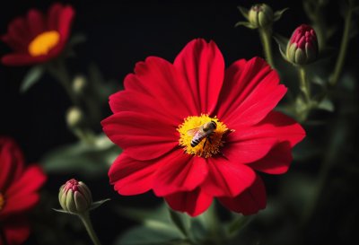flower, red, bee, insect, pollination, nature, detail, close-up, garden, natural, macro, background, beauty, natural colors, summer, leaves, wings, blossom