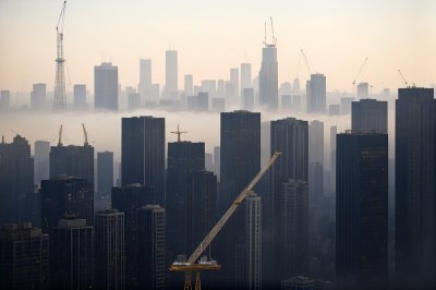 city, sky, buildings, crane, apartments, urbanism, smog, pollution, industry, smoke, construction, work, concrete, morning, dawn, fog, environment, metropolis, industrialization