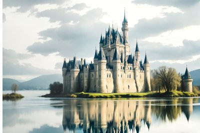 watercolor, art, castle, landscape, reflection, blue, lake, fortress, painting, red, tree, nature, drawing, architecture, historical, grass, mirroring, illusion, calm, magical