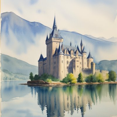 watercolor, art, castle, landscape, reflection, blue, lake, fortress, painting, red, tree, nature, drawing, architecture, historical, grass, mirroring, illusion, calm, magical