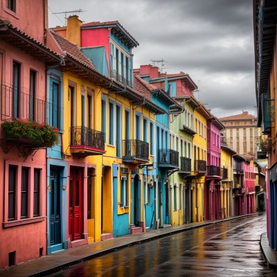 colorful houses, urban architecture, vibrant colors, eclectic style, latin america, sunny day, neighborhood, hilly terrain, wide angle, entrance level, concrete stairs, landmark, iconic site, tourist destination, camera photography, urban environment, elevation, enclosed space, roof patterns