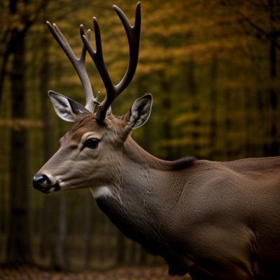 deer, antlers, nature, wildlife, mammal, profile, autumn, portrait, forest background, green bokeh, large antlers, outdoors, wild, animal portrait, side view, brown fur, antler points, majestic, wildlife photography