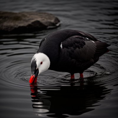 coot, water bird, black feathers, red eye, white shield, preening, lake, wildlife, nature, close-up, detailed, posture, contrast, textured plumage, black bird, water surface, portrait, looking away, outdoors, graceful