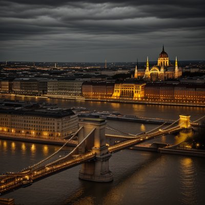 budapest, chain bridge, st, stephen's basilica, danube, evening panorama, night lighting, city architecture, cathedral, hot air balloon, river, tourist attraction, historic building, romantic scenery, capital city, blue hour, europe, architectural style, unesco heritage, central europe, monument photography