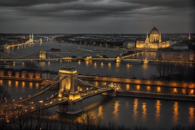 budapest, chain bridge, st, stephen's basilica, danube, evening panorama, night lighting, city architecture, cathedral, hot air balloon, river, tourist attraction, historic building, romantic scenery, capital city, blue hour, europe, architectural style, unesco heritage, central europe, monument photography