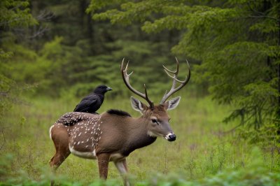 symbiosis, forest, wilderness, deer, wildlife, bird, crow, grass, green, water, cooperation, nature, animal, feathers, meadow, ornithology, mammal, black, beak, stream