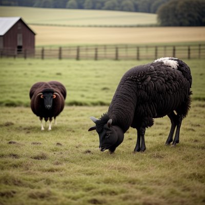 sheep, rooster, black sheep, farm, countryside, pasture, grass, domesticated, wool sheep, agriculture, nature, animal, livestock, rural, green, outdoor, black sheep in pasture