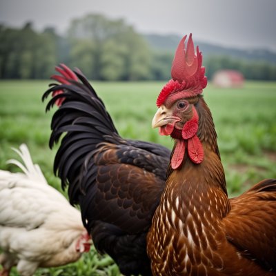 chicken, rooster, farm, animal, bird, portrait, brown, agriculture, livestock, red comb, feathers, outdoors, bokeh, rural, beak, eye, poultry, green, farmyard, agricultural setting, nature, ornithology