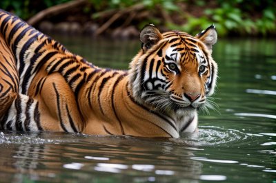 tiger, nature, animal, predator, feline, swimming, water, bathing, stripes, wild, moment, concept, wilderness, green, hunter, danger, camouflage, natural environment, mammal, big cat