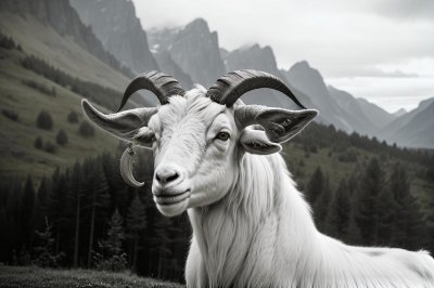 goat, animal, nature, pasture, horns, animal neck, fur, summer, outdoor, close-up, focused, neck, green leaves, fresh, high angle, blue sky, horned, collar, viewed from below, mountainous area