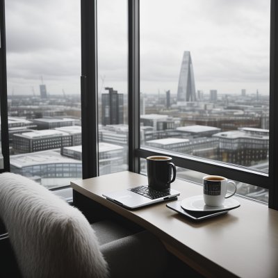 london, office, remote work, view, laptop, coffee cup, day, business, workspace, river, skyscraper, urban, desk, lighting, nature, daylight, sense of calm, reading, diary, outdoor view
